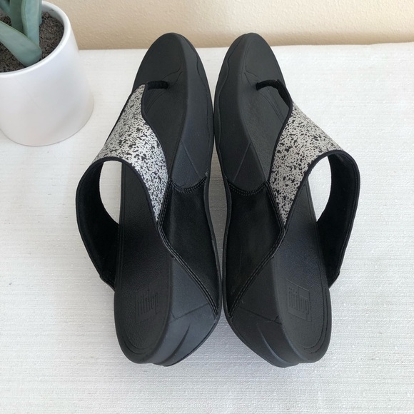 New Fitflop Lulu Glitter Splash Black/White Toe Post Sandals Women’s 10 - Picture 6 of 11